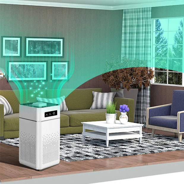 Air purifier in a living room with green energy effect