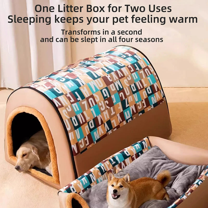 Pet bed with patterned cover and text describing its uses