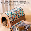 Pet bed with patterned cover and text describing its uses