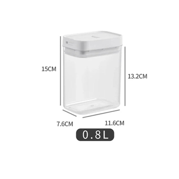 Clear storage container with dimensions and volume label on a white background