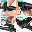 Step-by-step installation process of a bike light attachment on a handlebar.