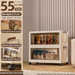 Multifunctional storage cabinet with wheels and transparent doors, featuring dimensions and features on the left.