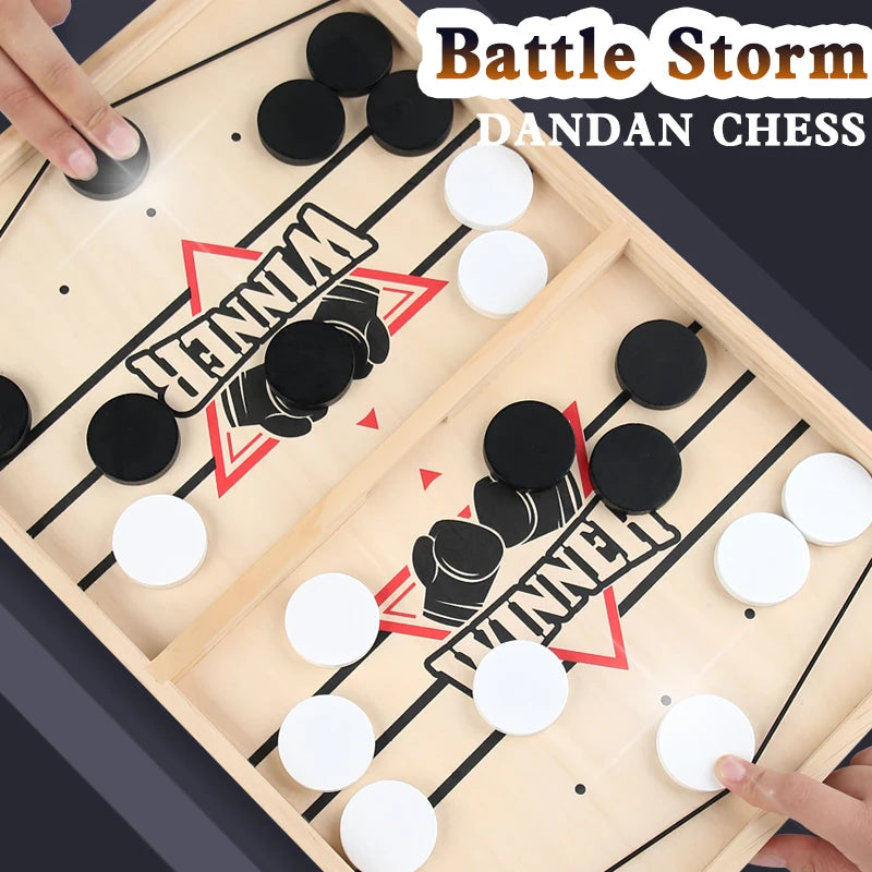 Dandan Chess board game with pieces being moved, featuring the brand 'Battle Storm'.