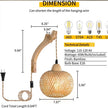 Woven bamboo pendant light with dimensions and technical details on a white background