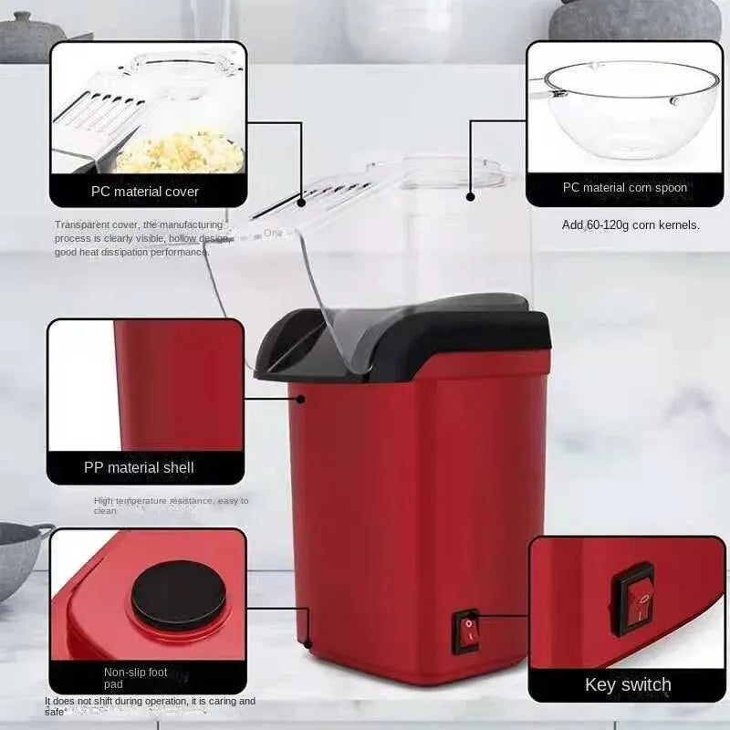 Red popcorn maker with features highlighted on a white background