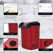 Red popcorn maker with features highlighted on a white background