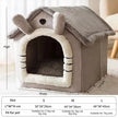 Pet house with measurements and size chart on a light background