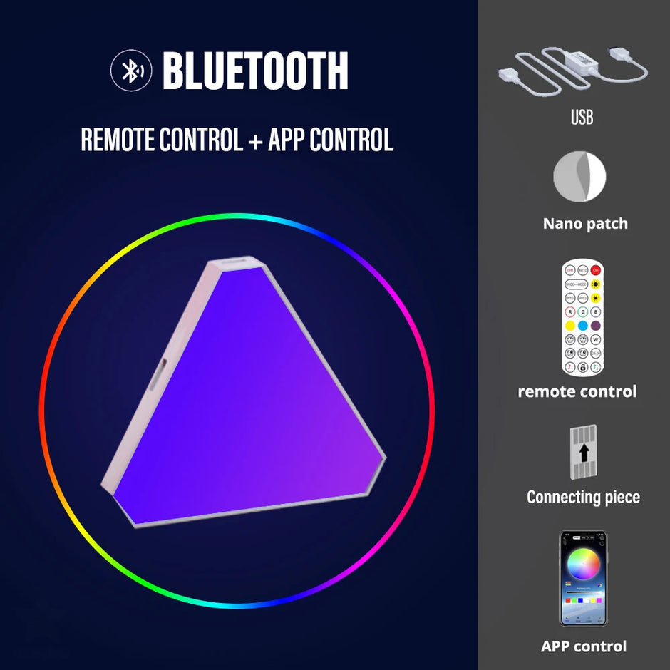 Purple triangular device with Bluetooth connectivity features on a dark background