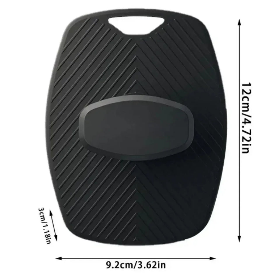 Black car seat cushion with measurements on a white background