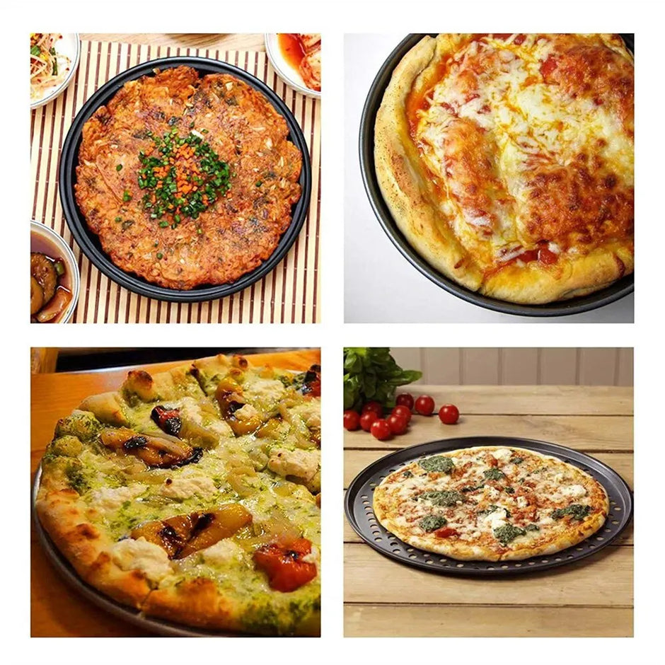 Four different pizzas shown in a collage format.