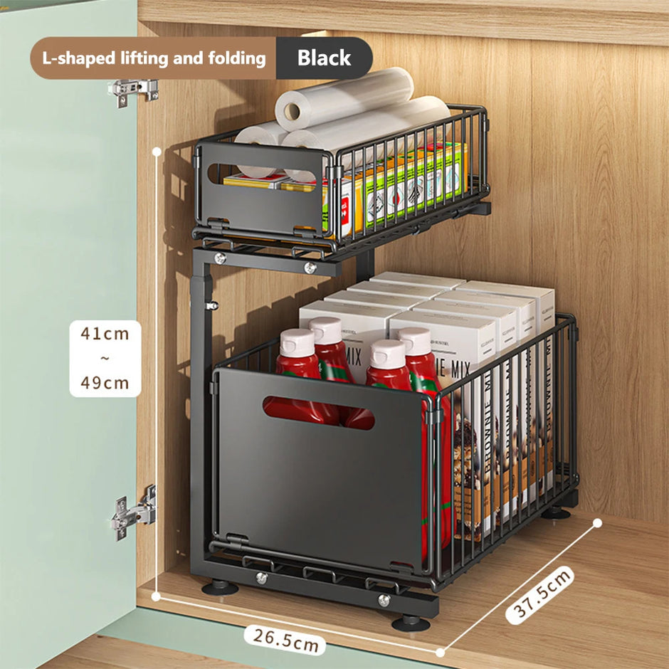 Black L-shaped lifting and folding storage rack with measurements inside a cabinet.