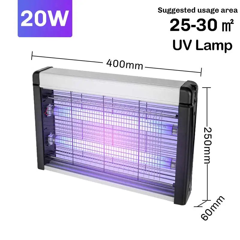 20W UV lamp with dimensions and suggested usage area on a white background