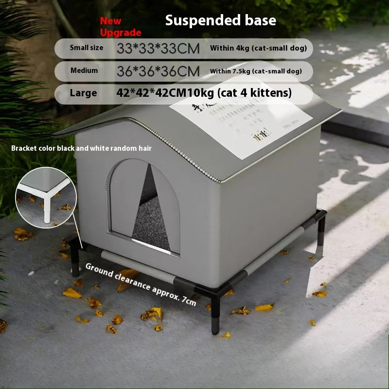 Pet house with dimensions and features displayed on a concrete surface.