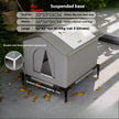 Pet house with dimensions and features displayed on a concrete surface.
