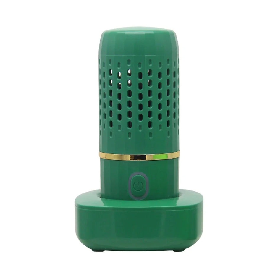 Green cylindrical device with a gold accent on a white background