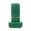 Green cylindrical device with a gold accent on a white background