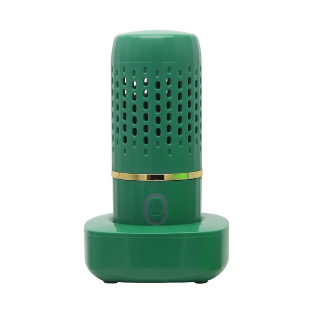 Green cylindrical device with a gold accent on a white background