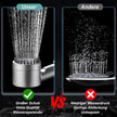 Comparison of a high-pressure shower head labeled 'Unser' with a lower pressure shower head labeled 'Andere'.