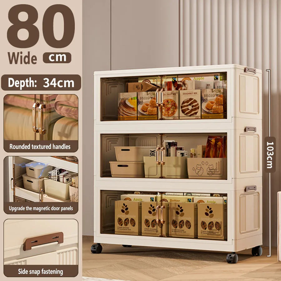 White storage cabinet with transparent doors displaying items, measurements, and features on a neutral background.