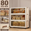 White storage cabinet with transparent doors displaying items, measurements, and features on a neutral background.