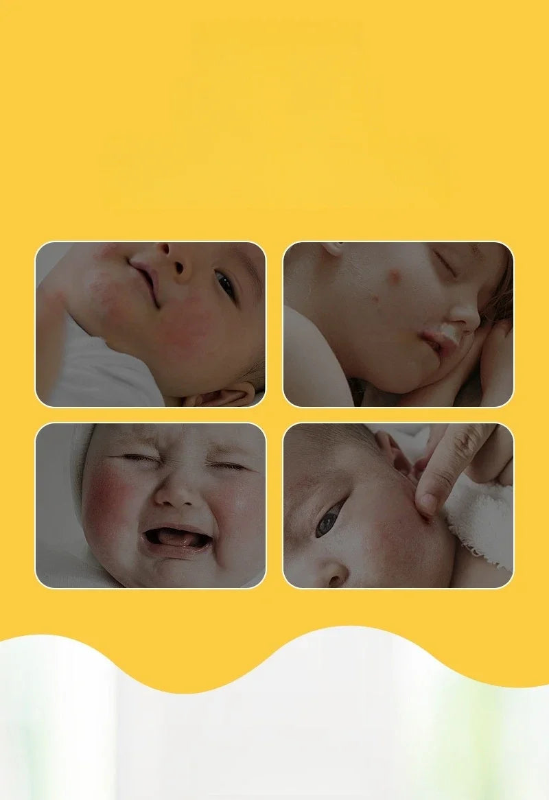 Four close-up images of a baby's face on a yellow background