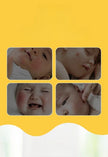 Four close-up images of a baby's face on a yellow background