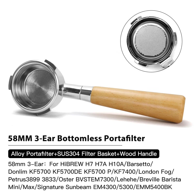 بورتافيلتر 58mm بدون قاع – 3 آذان، سلة SUS304، متوافق مع Breville وHiBREW وBarsetto والمزيد
