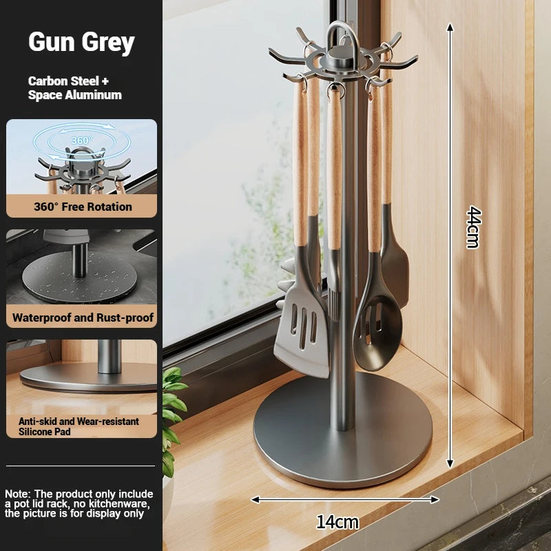 Stainless steel kitchen utensil holder with features highlighted on the left, placed indoors.