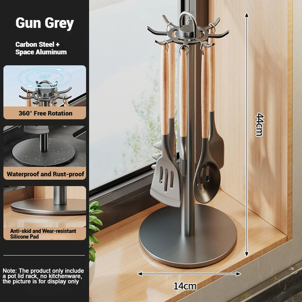 Stainless steel kitchen utensil holder with features highlighted on the left, placed indoors.