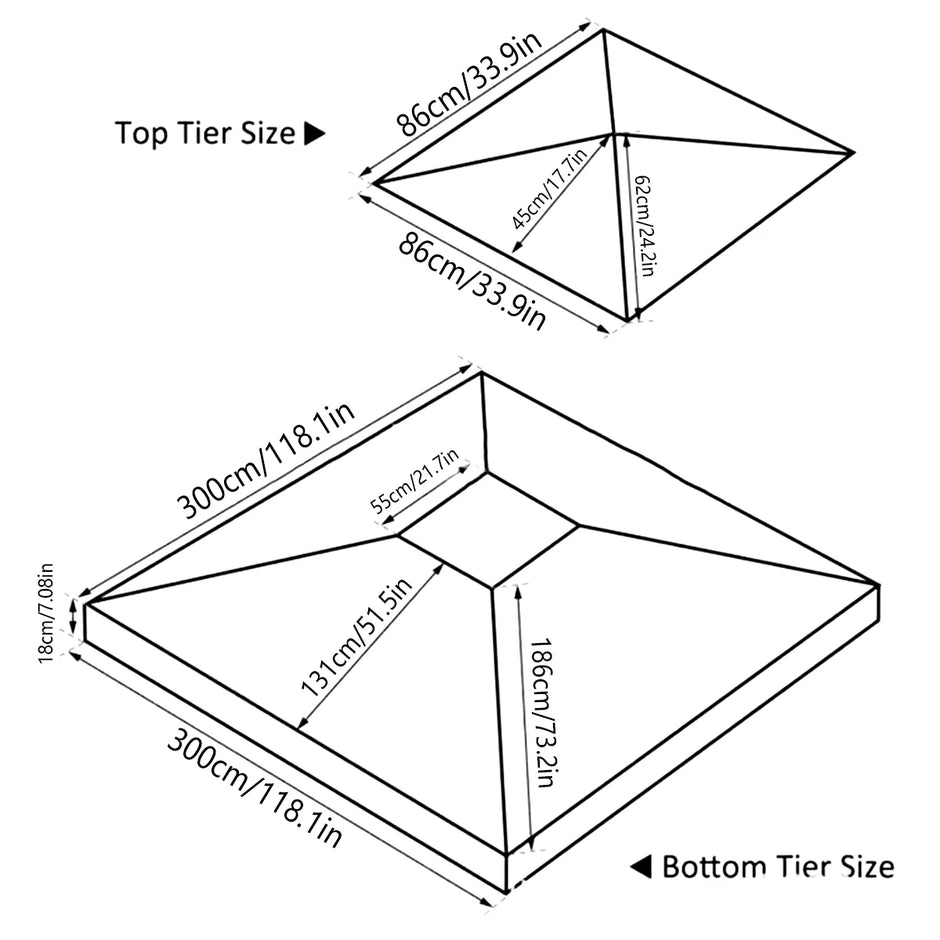 Diagram showing the dimensions of a two-tiered structure with labels for top and bottom tiers.