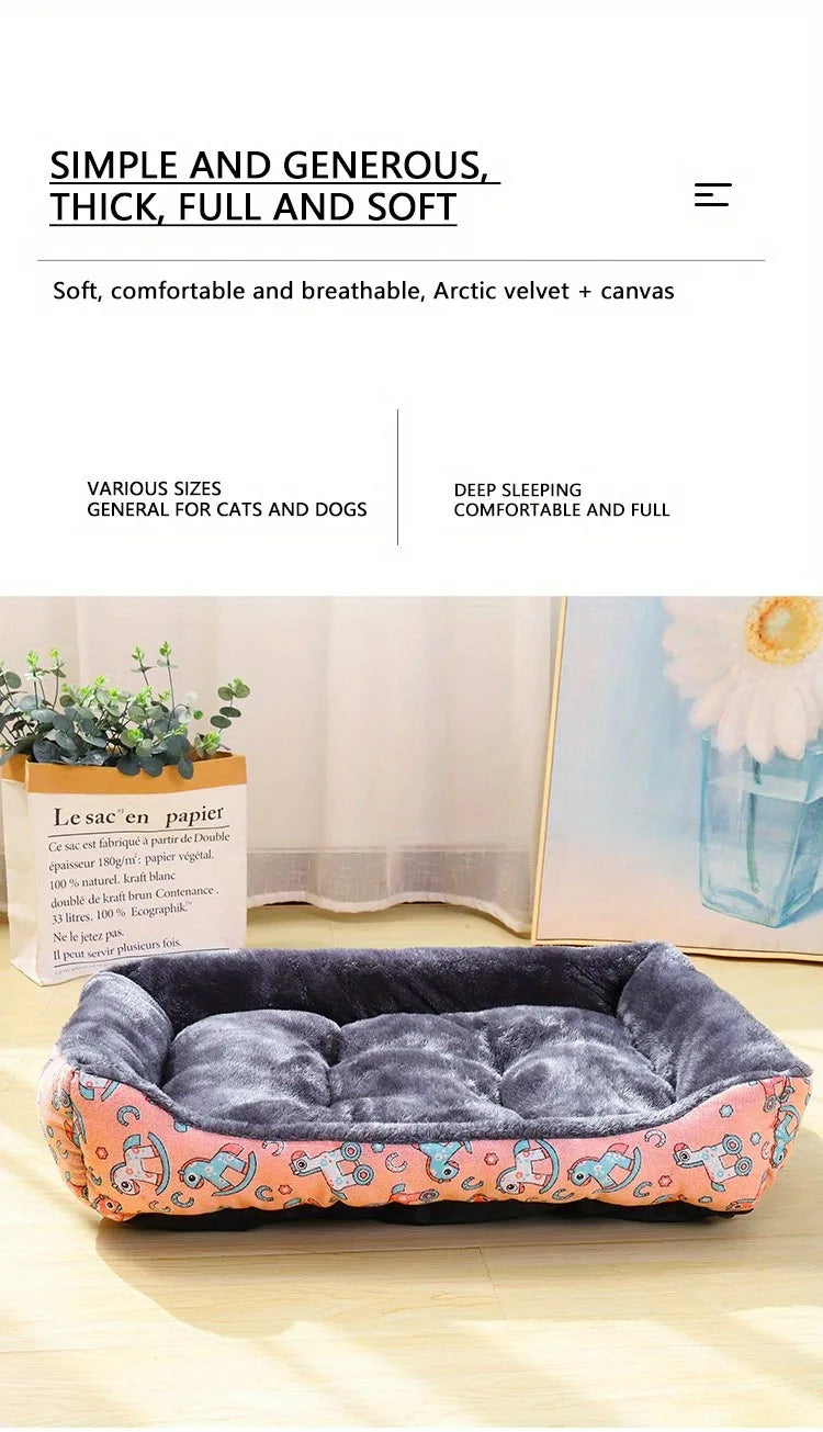 Pet bed with pink and white pattern on a light wooden floor.