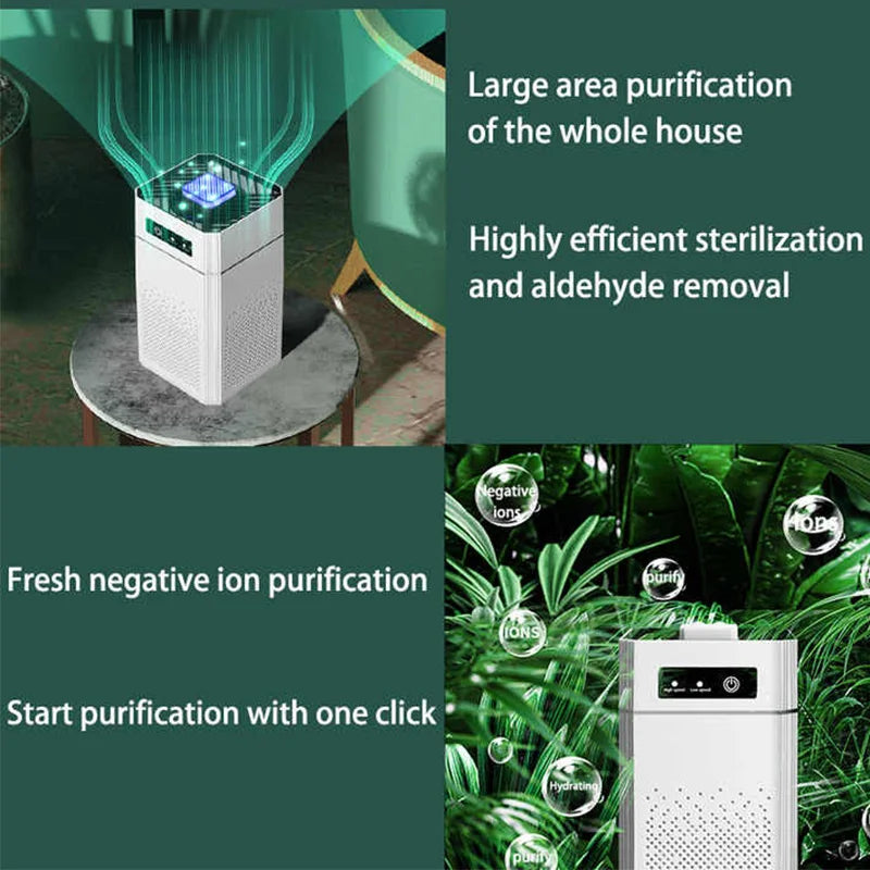 Air purification device with text highlighting features on a green background