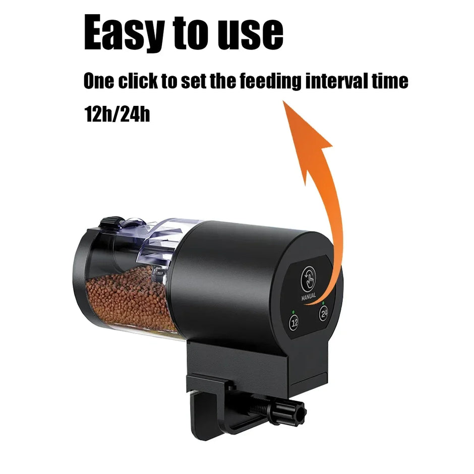 Black pet feeder with text indicating ease of use and time settings on a white background