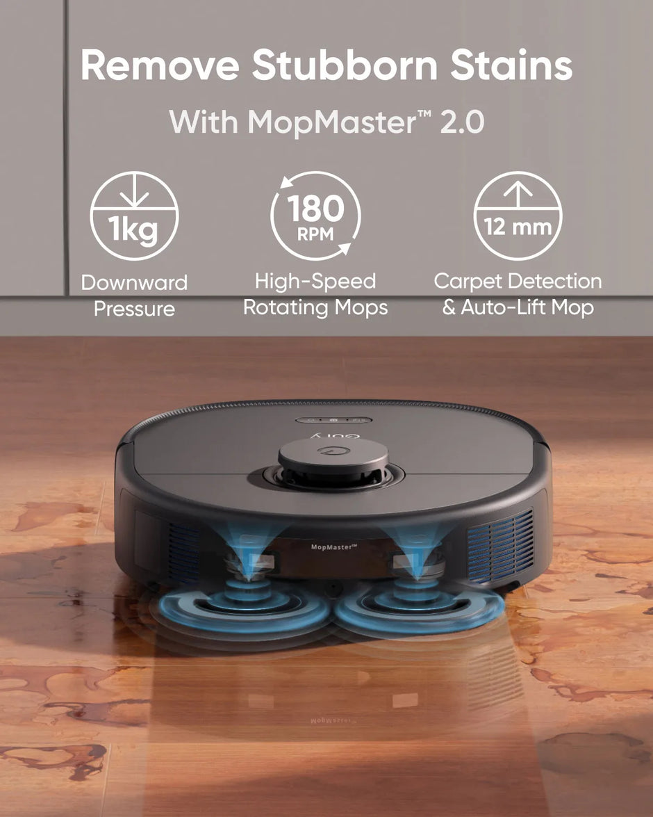 MopMaster 2.0 robot mop on a wooden floor with features highlighted.