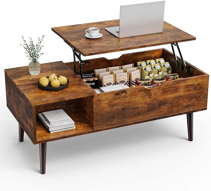 Wooden coffee table with lift-top design, displaying a laptop and other items on a white background.