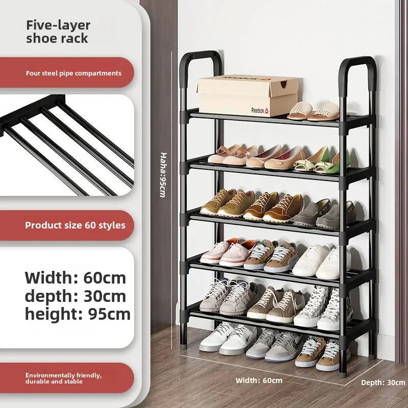 Five-layer shoe rack with shoes on a wooden floor, showing product details.