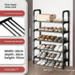 Five-layer shoe rack with shoes on a wooden floor, showing product details.