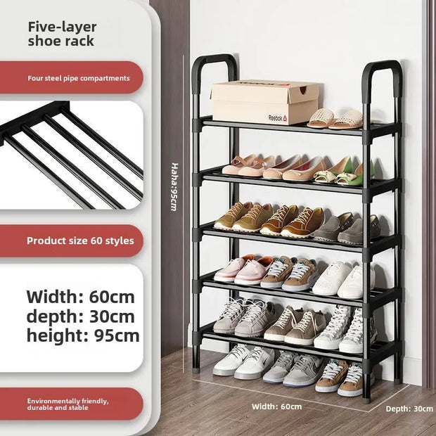 Five-layer shoe rack with shoes on a wooden floor, showing product details.