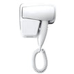 White hair dryer with coiled cord on a white background
