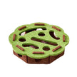 Green and brown pet toy with a unique design on a white background