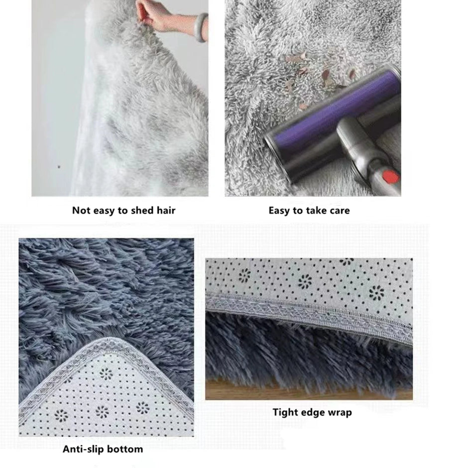 Collage of a gray rug with features highlighted, including not easy to shed hair, easy to take care of, anti-slip bottom, and tight edge wrap.