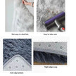 Collage of a gray rug with features highlighted, including not easy to shed hair, easy to take care of, anti-slip bottom, and tight edge wrap.