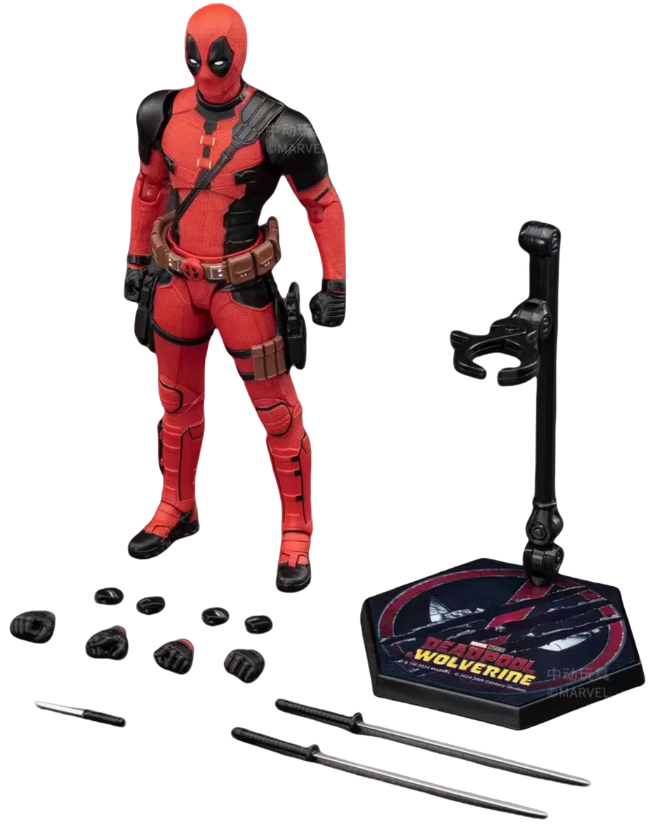 Deadpool action figure with accessories on a white background