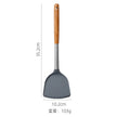 Gray spatula with wooden handle and measurements on a white background