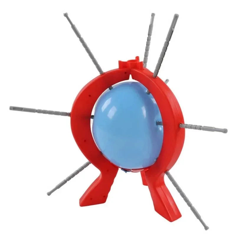Red and blue object with metallic spikes on a white background