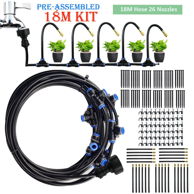 Pre-assembled 18M hose and nozzles kit with irrigation components on a white background