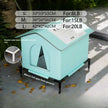 Pet house with size chart and weight capacity on a concrete surface.