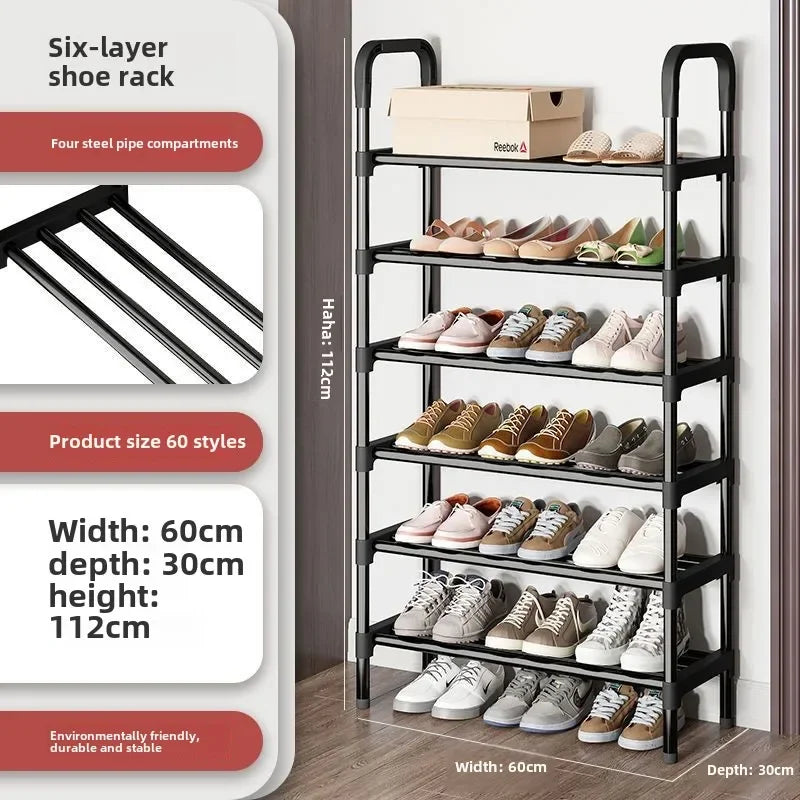 Six-layer shoe rack with shoes on shelves, product details on the left