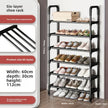 Six-layer shoe rack with shoes on shelves, product details on the left