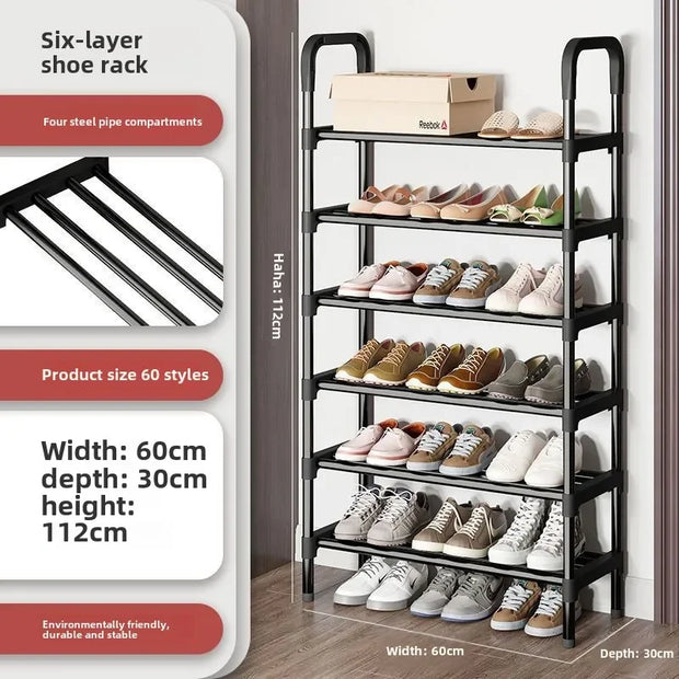 Six-layer shoe rack with shoes on shelves, product details on the left